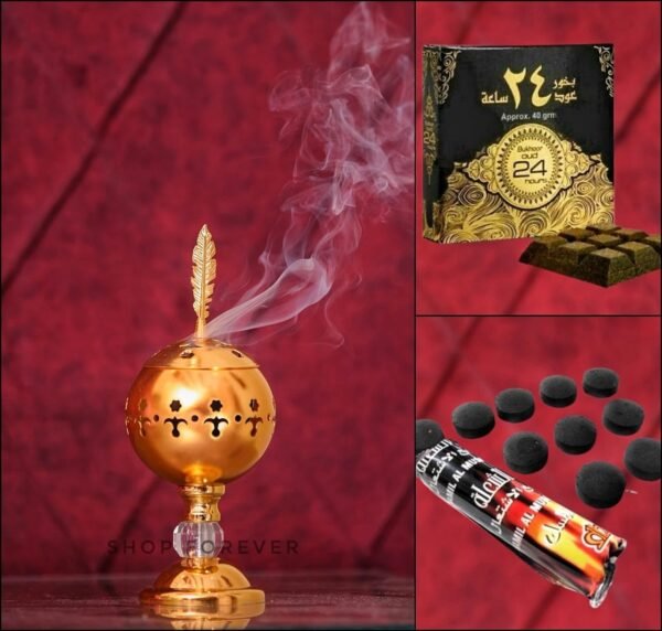 Coal Incense Bakhoor Burner - Pack of 3( Burner, Bakhoor & Coal ) - Round Up - Gold