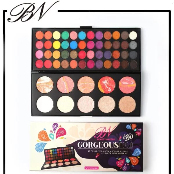 BN Beauty Nakeed Gorgeous makeup Kit 48  Eye shadow + 5 HIGHLIGHTER Palette + 5 Colors Blusher Matte Metallic Glitter Shades